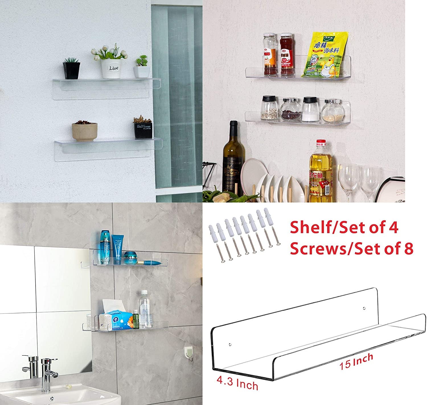 Invisible Acrylic Floating Wall Ledge Shelf, Wall Mounted shelf, 15" (5mm), Set of 4